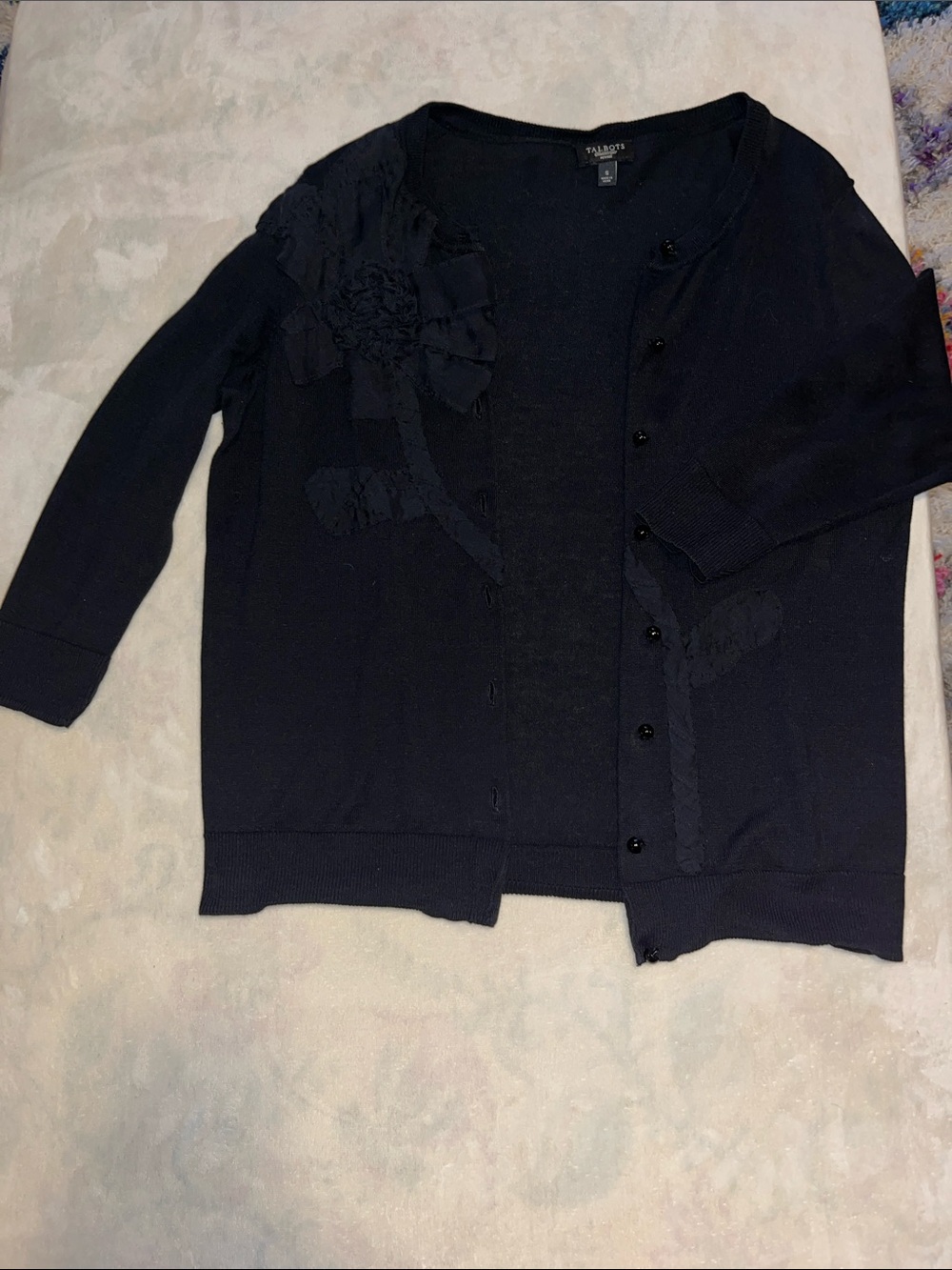 Talbots Navy Floral-Appliqué Button Cardigan